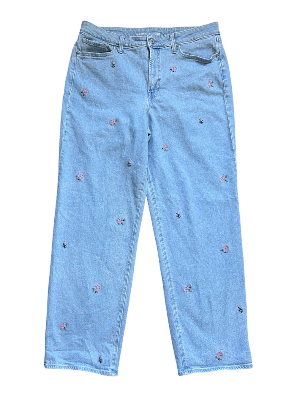 Old Navy High-Rise OG Loose Light Wash Jeans with embroidered Roses size 14